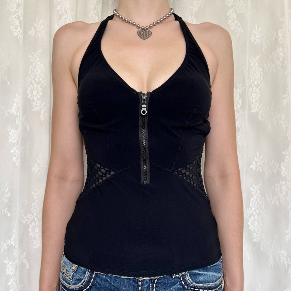 Black Halter Zip-Front Tank Top